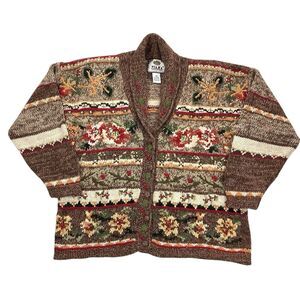 Tiara International Button Cardigan Sweater Top Women M Floral Christmas Tan Red